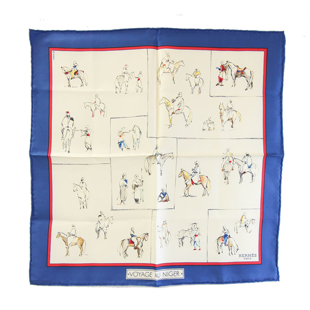 Hermes scarf/muffler, Carre 42, "VOYAGE AU NIGER" (Journey to Niger), ivory a...